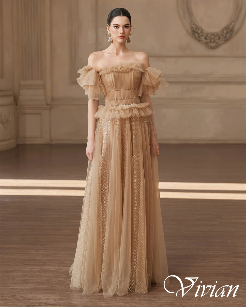 Customized Strapless Short Sleeves Delicate Prom Dress A-Line Modern Evening Dress Crystal Floor Length Luxury Bridal Gowns