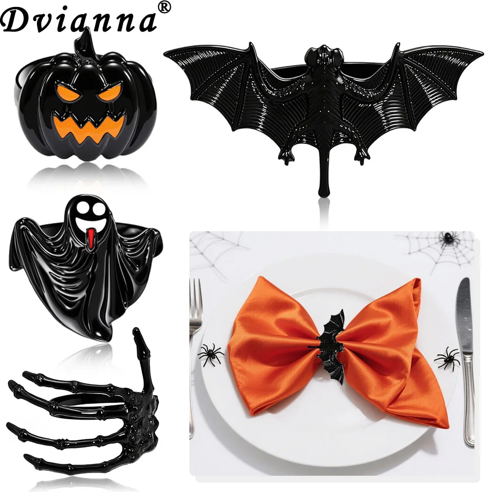 

6Pcs Halloween Napkin Rings Pumpkin Ghost Bat Skeleton Hand Napkin Holder Gothic Table Decor for Halloween Party Home Kitchen