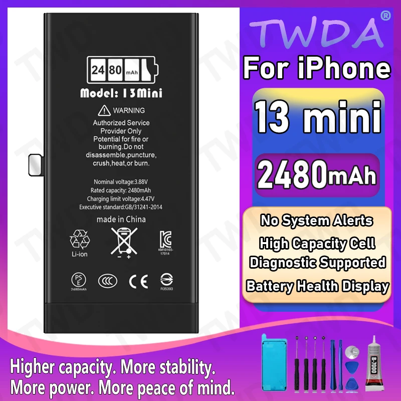 

Диагностическая батарея 2480 мАч, подлинная часть, без всплывающего сообщения для iPhone 13 mini, новая замена высокого качества + бесплатные инструменты