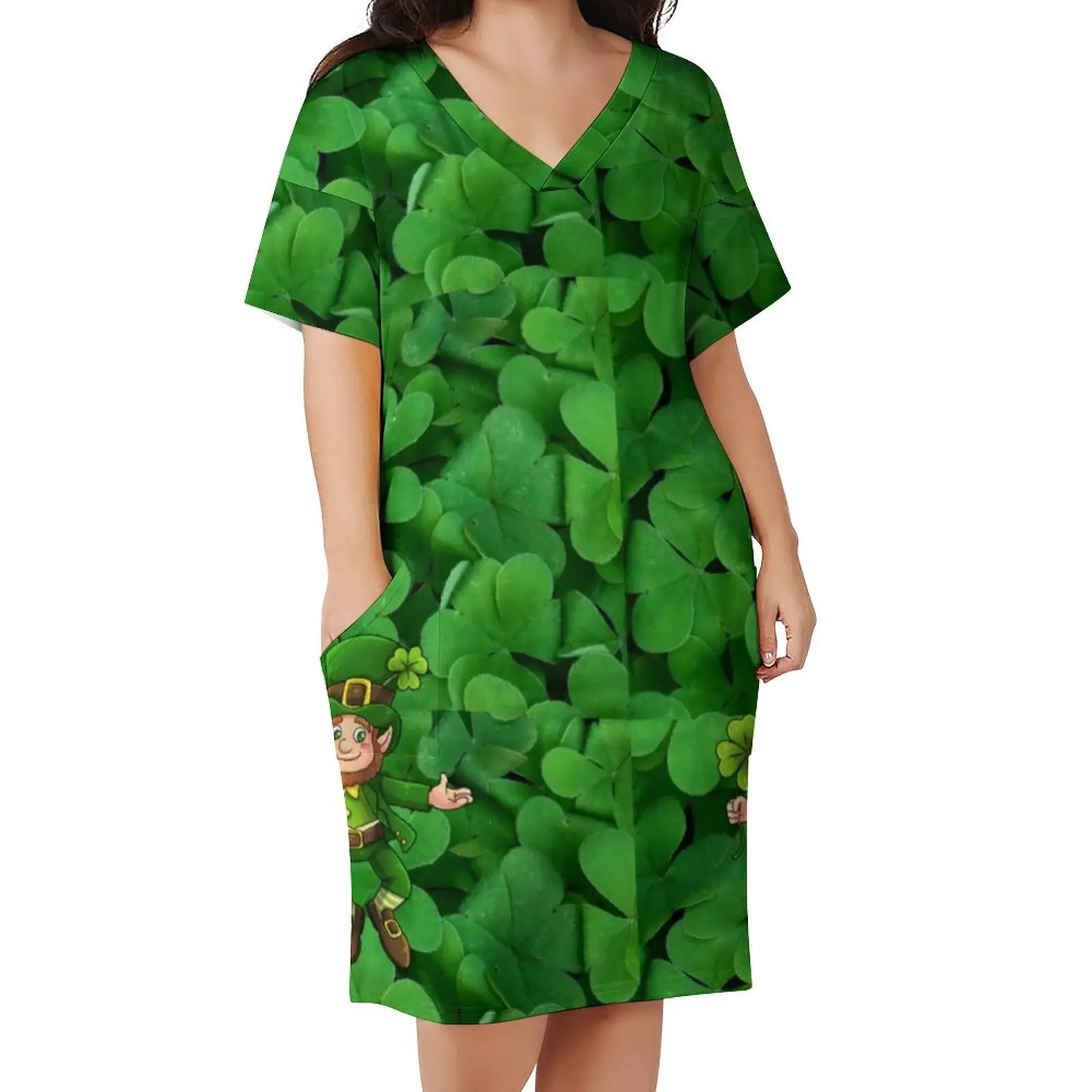 Vestido de dia de São Patrício Plus Size Saint Patrick Leprechaun Shamrock Street Style Vestido casual Mulher V Neck Vestidos fofos Idéia de presente