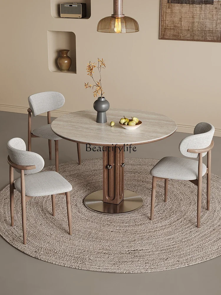

02 Solid wood rock slab round table household small apartment modern simple design new travertine rock slab dining table