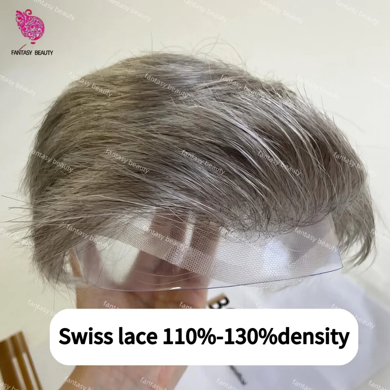 # 1b65 preto com 65% cabelo cinza base de seda prótese capilar masculina peruca macia renda suíça e pu em torno dos homens peruca natural linha fina