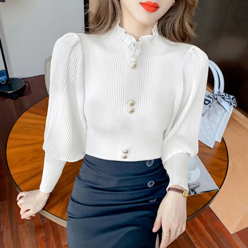 Temperament Autumn Sweaters Women\'s Mock Neck Solid Button Chiffon Patchwork Lantern Sleeve Fashion Slim Long Sleeve Knit Tops