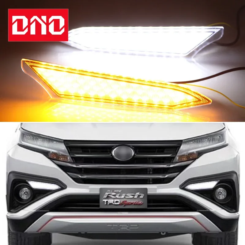 Car LED DRL 12V Daylights For Toyota Rush 2018 2019 Yellow Turn Signal Daytime Running Headlamps Auto Driving Lamp Foglamps