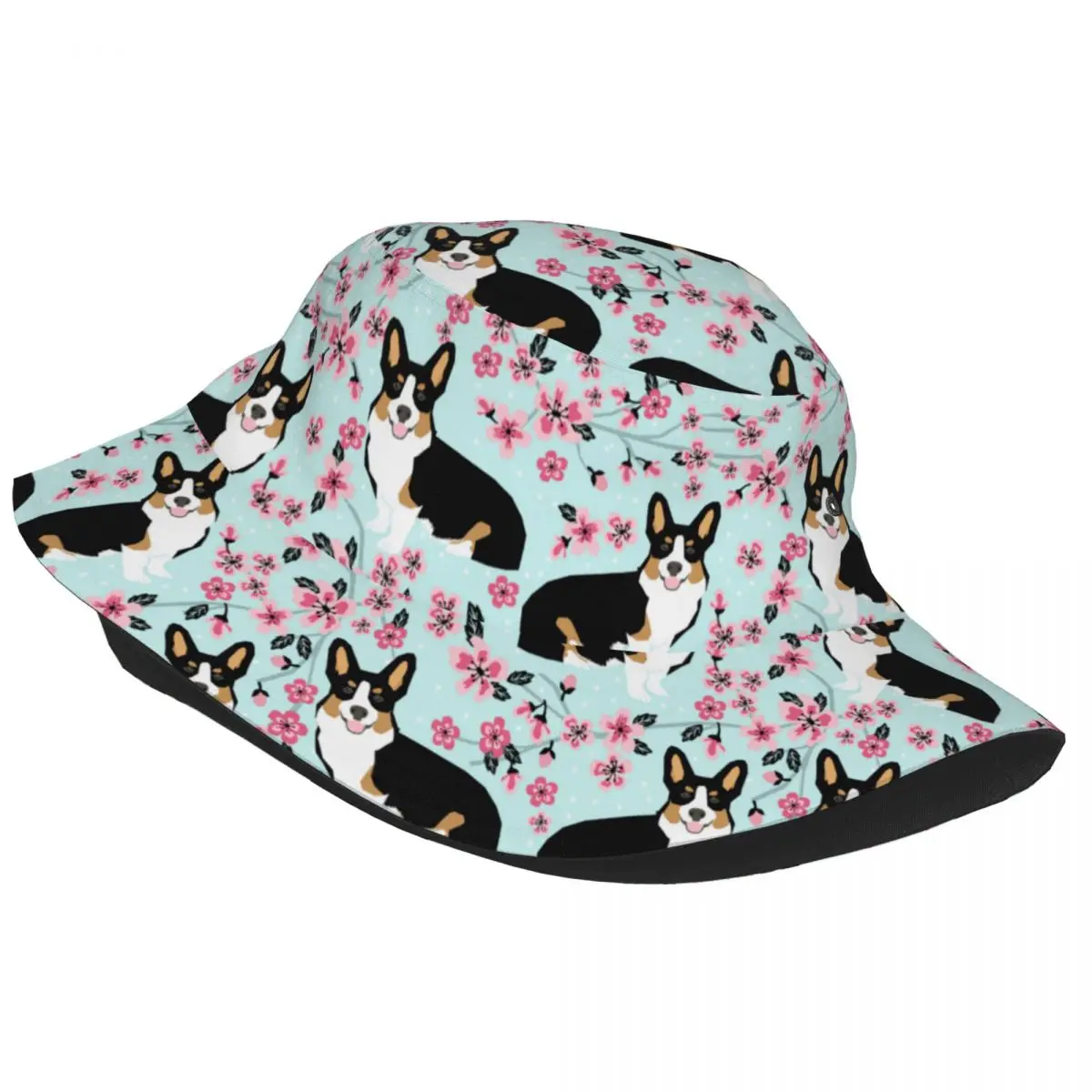 Corgi Cherry Blossom Floral Dog Bucket Hats for Men Women Summer Floppy Hat Hip Hop for Hiking Fisherman Cap Ispoti Cap