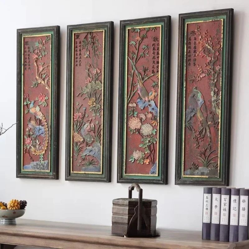Painted Hanging Screen Color Mine Old Lacquer Pendant Solid Wood Chinese Antique Hanging Painting Wood Carving Wall Decoration