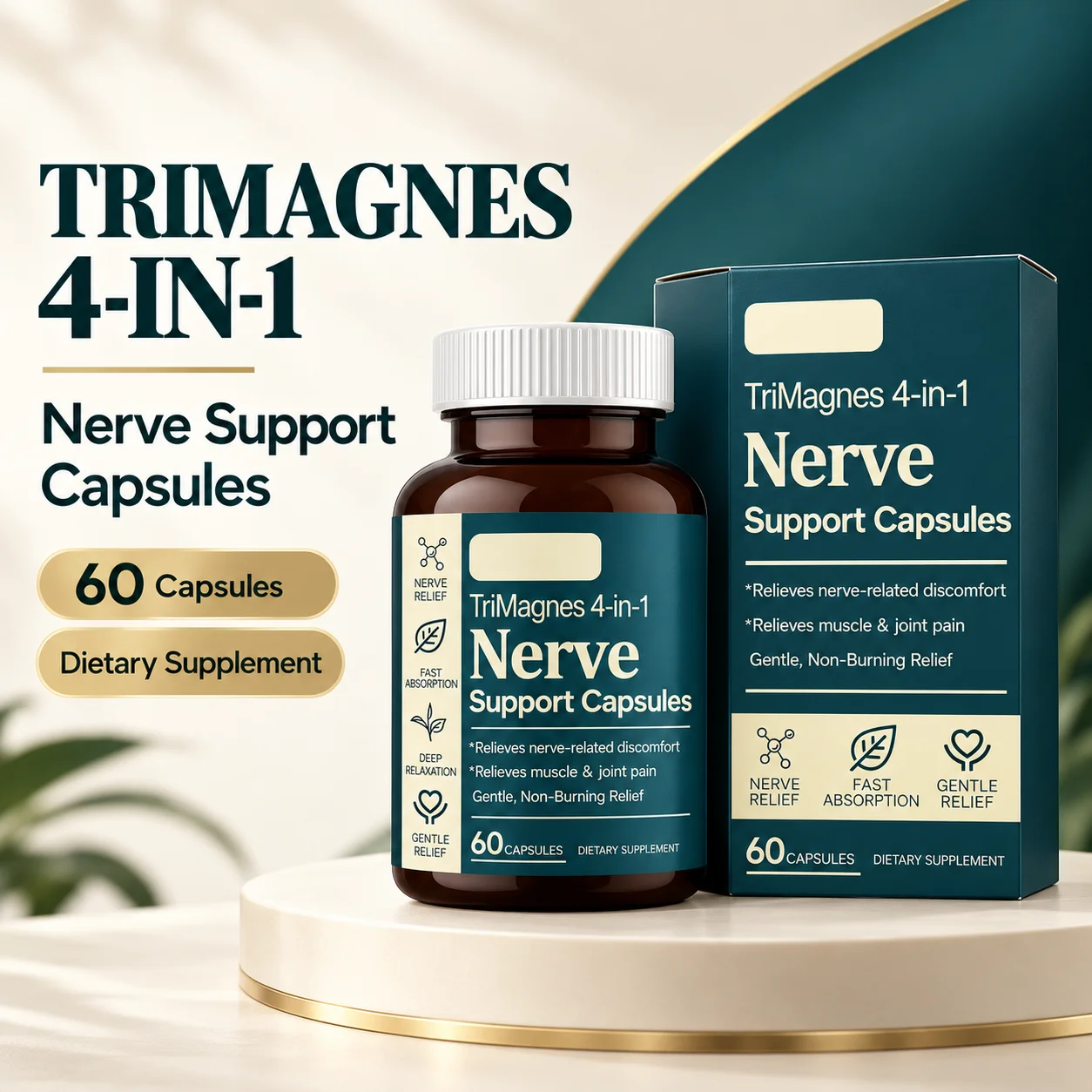 TriMagnes 4-in-1 Magnesium Complex with Turmeric Nerve and Muscle Function Support Daily Wellness Dietary Supplement 60 Capsules