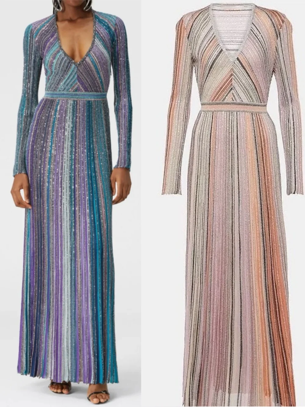 

Bright Silk Women's Colorful Striped Robe V-Neck Long Sleeve Elastic Waist Temperament Female Knitted Maxi Dress
