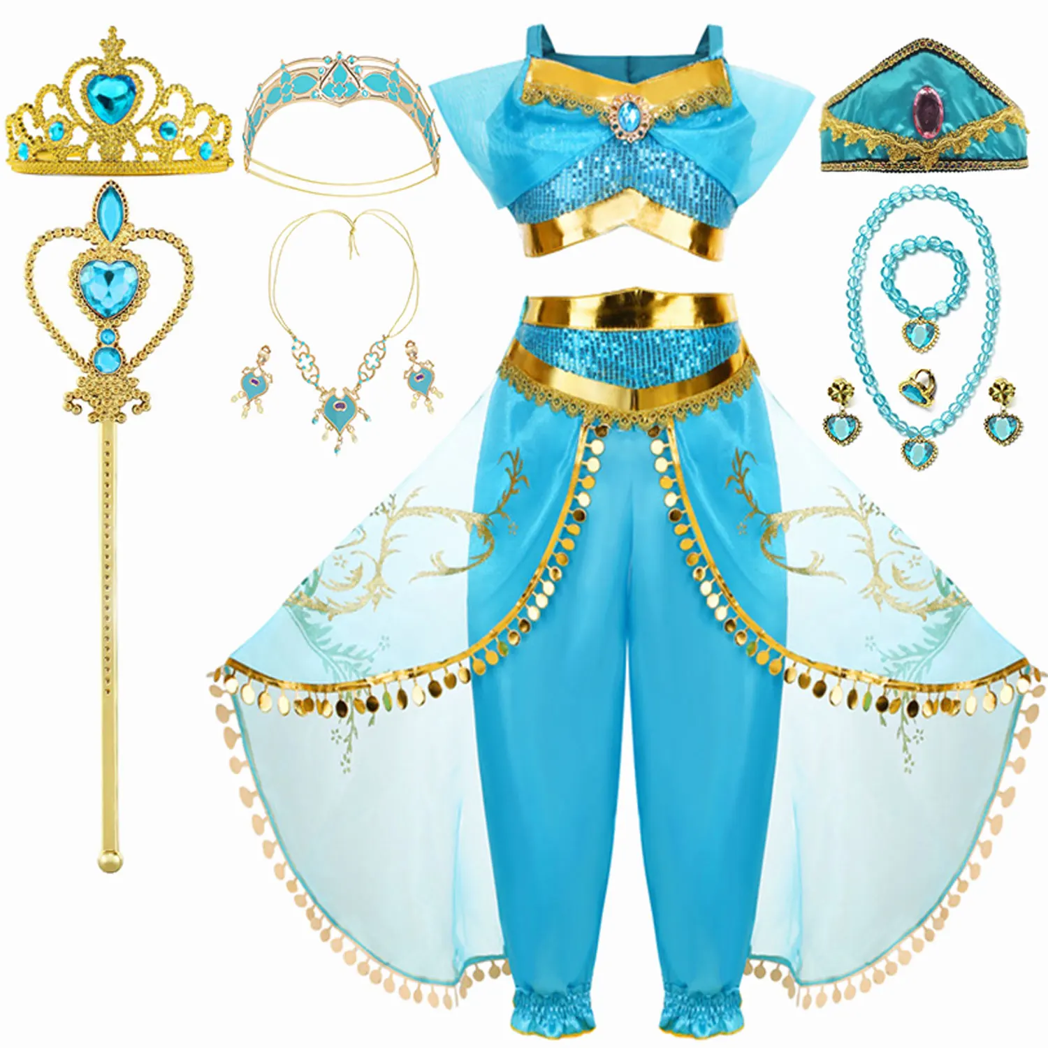 Jasmine Girls Princess Dress Birthday Party Halloween Cosplay Aladdin Magic Lamp Costume for 2-12 Years Old Kids Vestidos