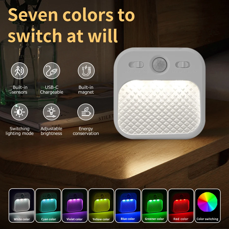 

Motion Sensor Led Light Usb Charging Night Light RGB 7Color Changing For Bedroom Kitchen Stair Hallway Wardrobe Cupboard Lights