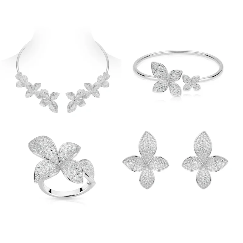 

BELLUX 925 Silver Zircon White Full Diamond Flower Necklace Earrings Rings Bracelets Luxury Wedding Party Jewelry Set