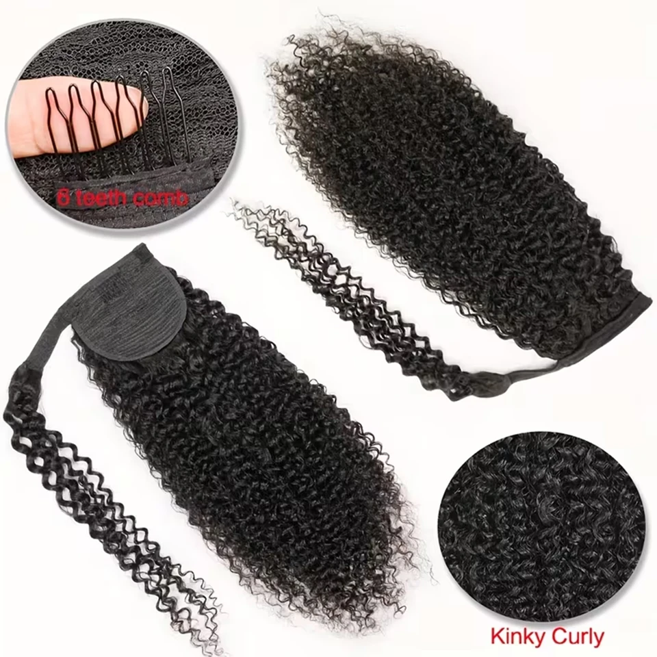 Kinky Curly Ponytail Human Hair with Wrap Around Magic Tape Brazilian Hair Clip In Extension Deep Wavy Ponytail Natural Black