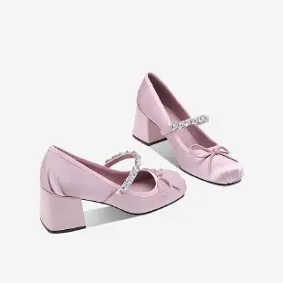 

French Shallow Bow Inner Heightening Ballet Single Shoes Women's Outerwear 2024 Spring Word with Rhinestone Flat Shoes