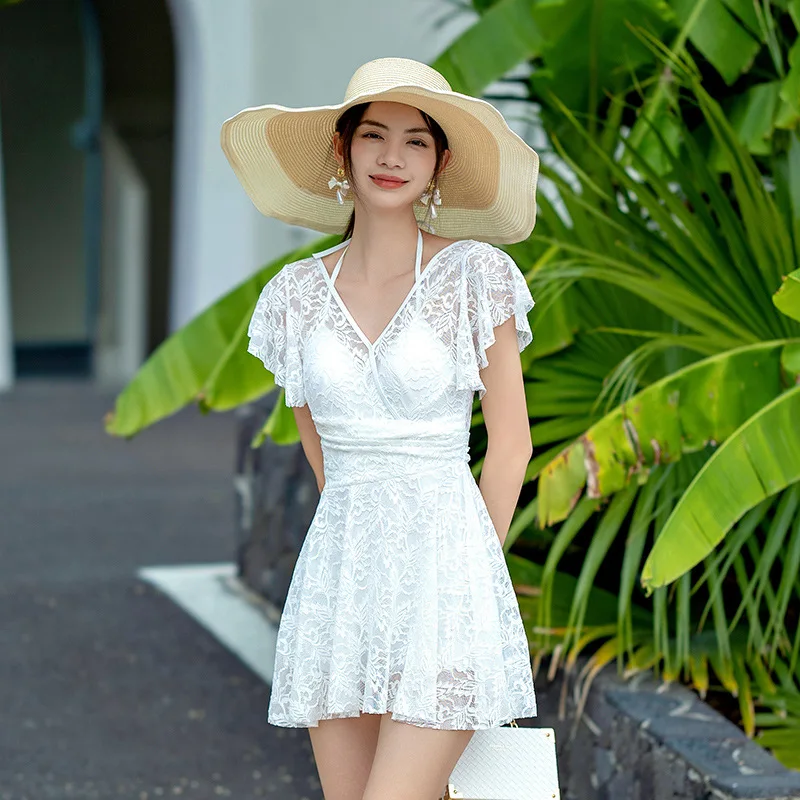 wisuwore 2023 Newest Swimsuit Women One Piece Bathing Suit Flouching Sexy Korean Style Swimwear Padded V-Neck Swim Dress