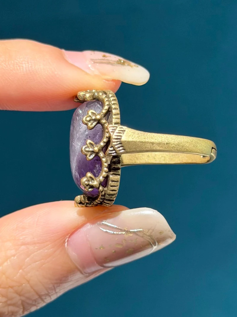 Retro Noble Purple Square Natural Stone Rings for Women Prong Setting Wedding Bands Vintage Antique Jewelry Party Copper 2024