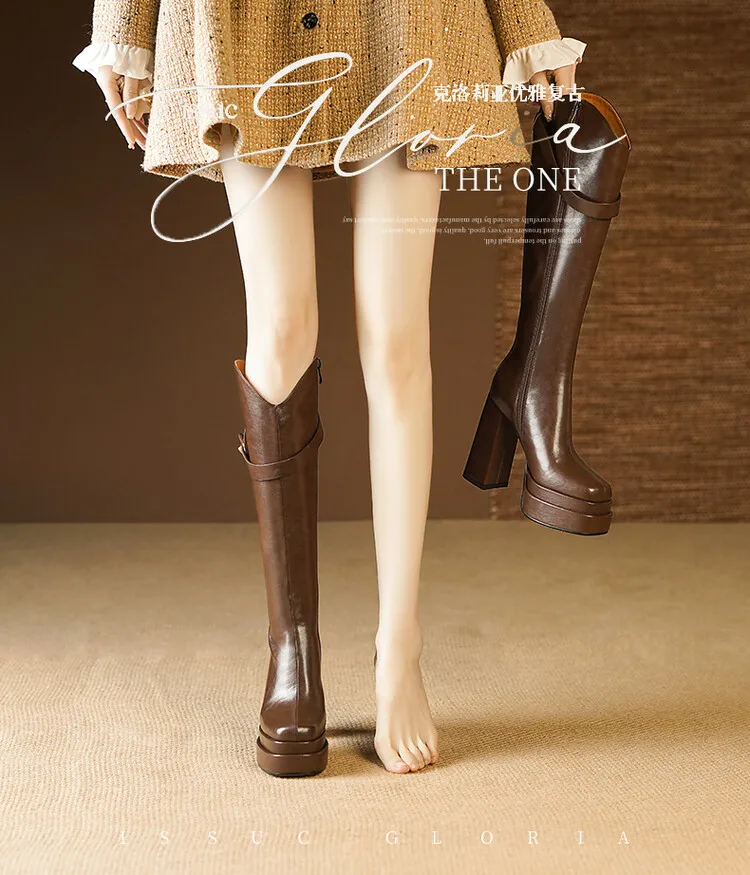 Autumn and Winter Soft Leather Knee-high Boots for Women, Vintage Platform Thick-heel Biker Boots