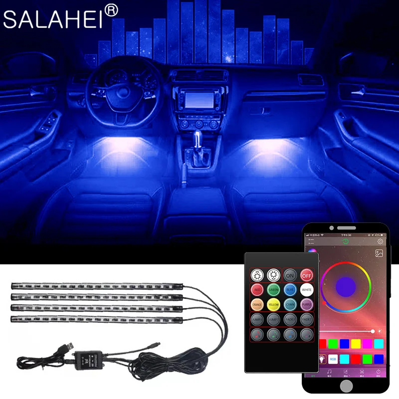 Neon Car Interior Led Lights 48 LED Ambient Foot Light with USB Wireless Remote Music App Control Auto RGB Atmosphere Lamps