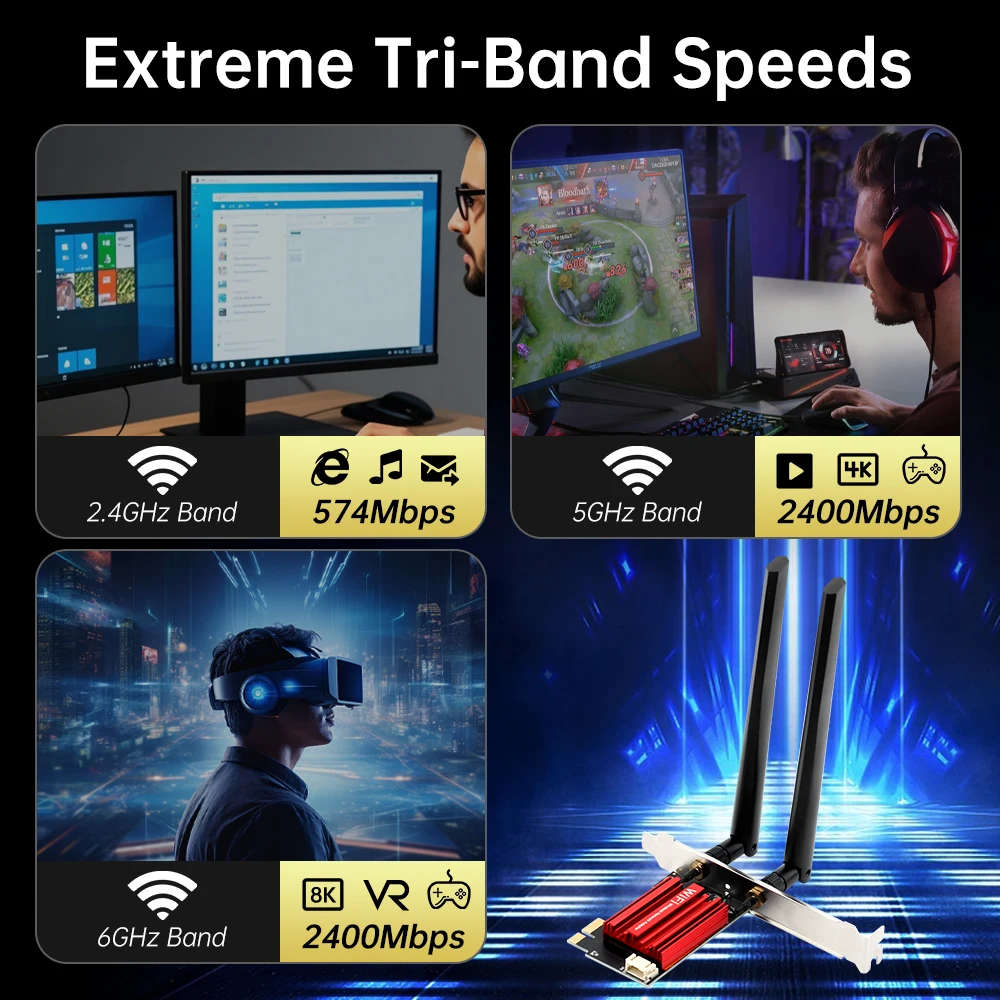 WiFi 6E PCIe Card AX210 Tri-Band 2.4G/5G/6GHz 5400Mbps Bluetooth 5.3 with Red Heatsink 6DB Antennas for Desktop Windows 10/11