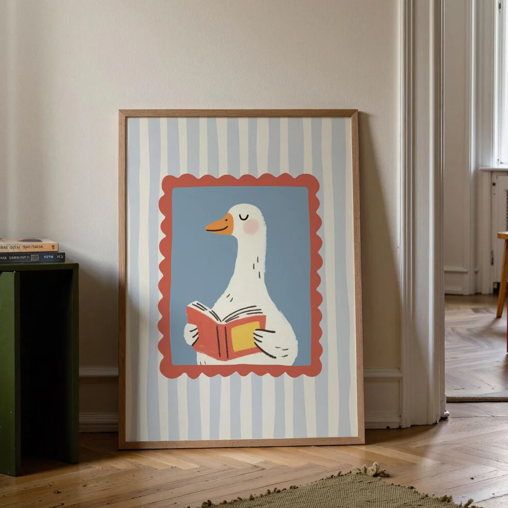 1pc Unframed Silly Goose Reading Book Nursery Canvas Poster Blue Cute Funny Animal Boho Wall Art Print Minimalist Kids Room HD