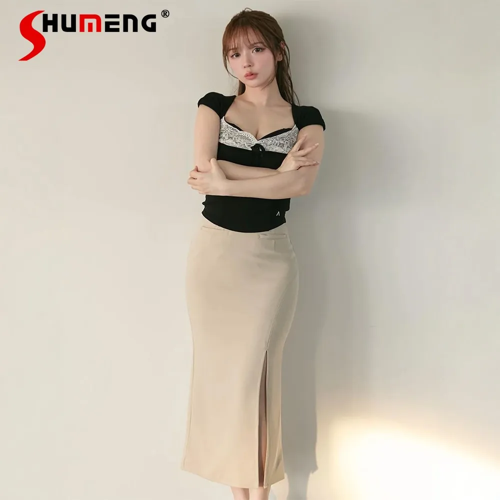 

Sexy Hot Girls Y2K Skirt Top 2-Piece Set Summer Japanese Style Sweet Slim Fit Elegant Skirt T-Shirt Set for Women Clothing