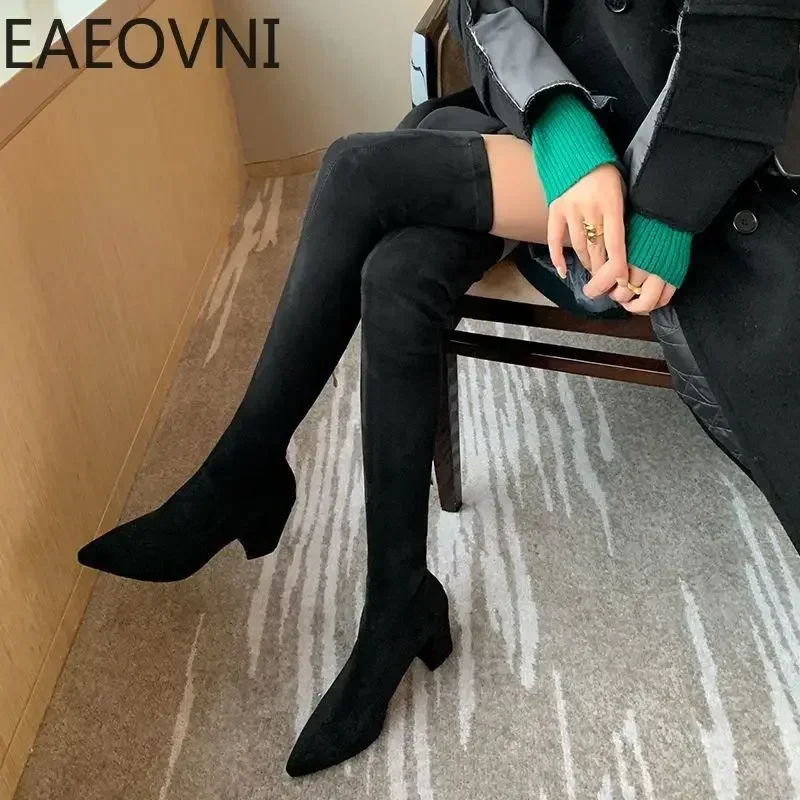 Winter Woman Over the Knee High Boots Fashion Slip On Sock Long Boots Shoes Ladies Elegant Square Heel Women\'s Footwear