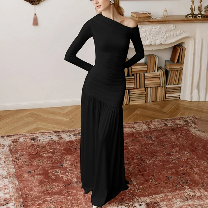 

Ticketsx Fashion Solid Off-Shoulder Fit Dress Elegant Patchwork Pleated Long-Sleeve Long Dress High Street Vacation Vestidos