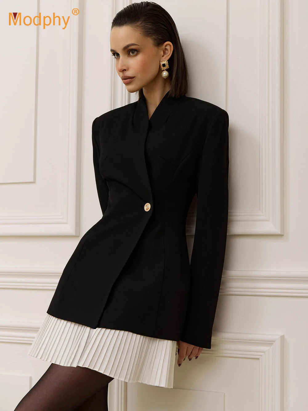 Modphy Female Suit Dress 2026 Autumn New Style Temperament Office Slim Fit Patchwork Pleated Hem Mini Dress For Women