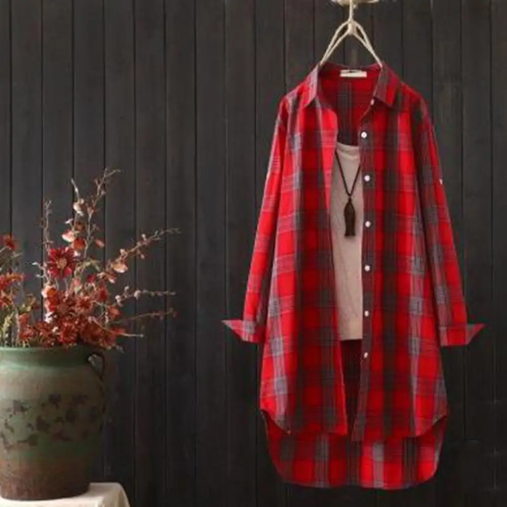 Women Plaid Print Shirt Coat Lapel Long Sleeve Single Breasted Open Front Cardigan Loose Fit Mid-length Casual Shirt