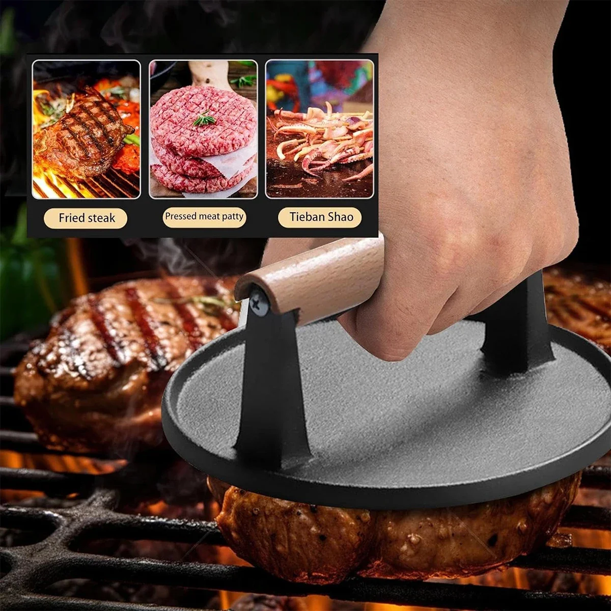 Burger Press Heavy-duty Cast Iron Smash Bacon Press Meat Steak With Wood Handle Bacon Grill Non-stick Round Meat Press Plate