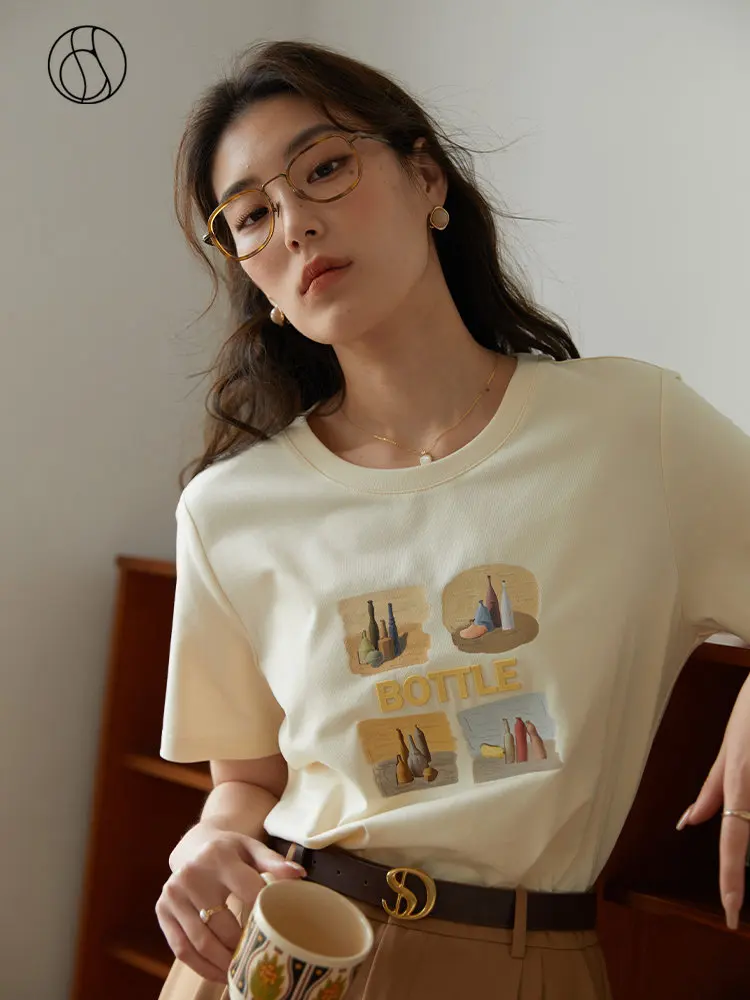 DUSHU Women Print Round Neck T-shirt 2023 Summer Beige All-Match Women Tees Top For Women Front Shoulder Female T-Shirts