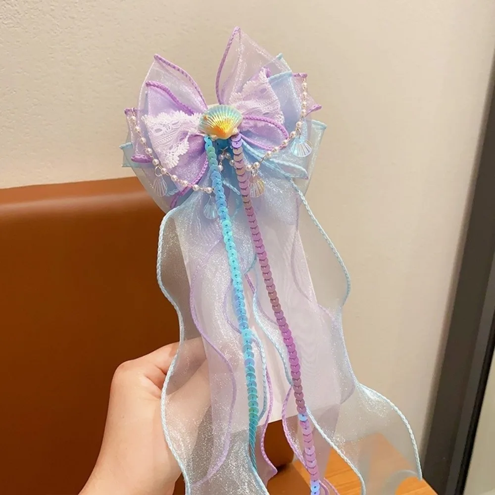 Elegant Sweet Mermaid Bow Hair Clip Seashell Lace Organza Ribbon Hair Barrette Starfish Tassel Hairpin Ocean-Themed Party