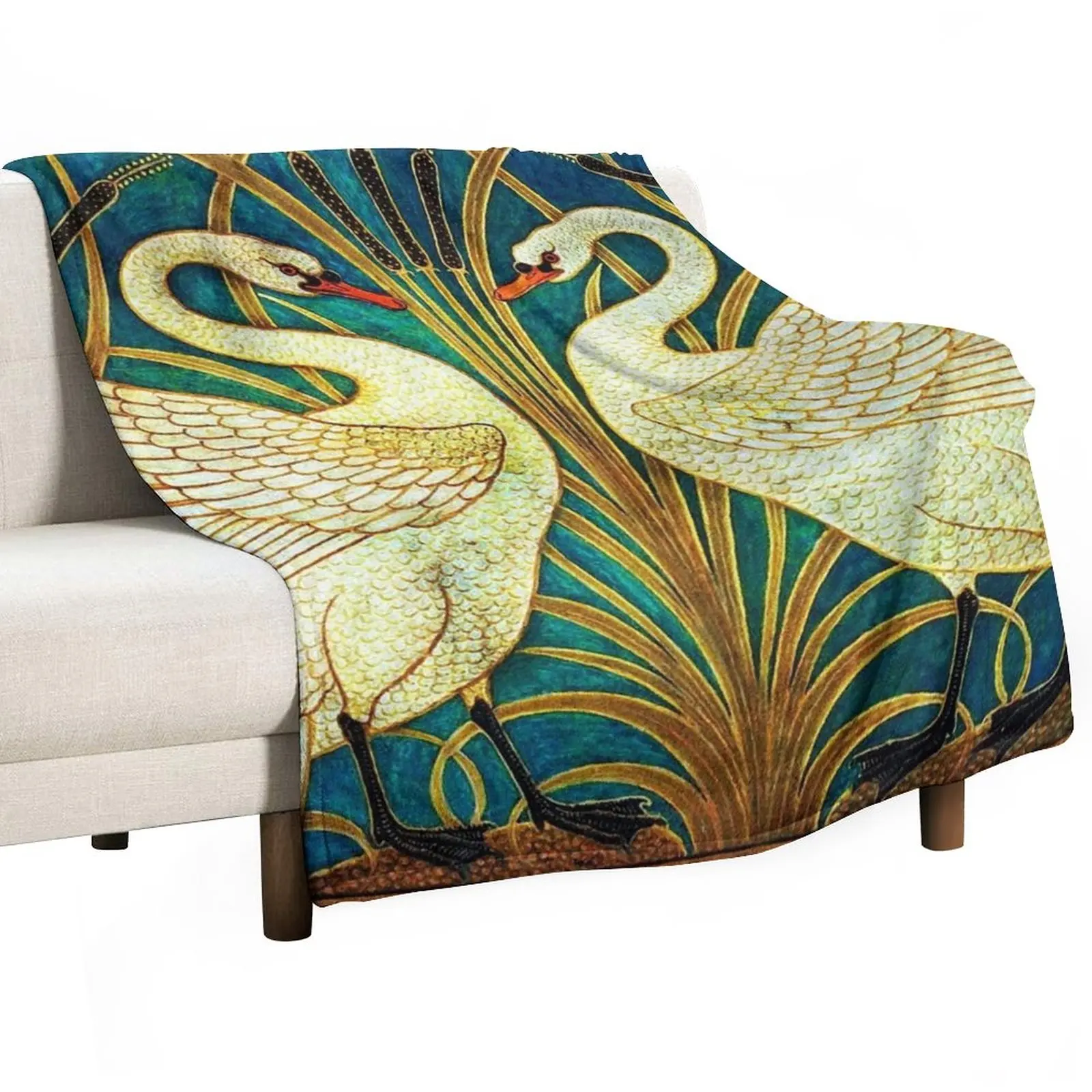 

TWO WHITE SWANS AMONG REEDS IN BLUE Art Nouveau Animals Throw Blanket Moving Blanket throw blanket for sofa