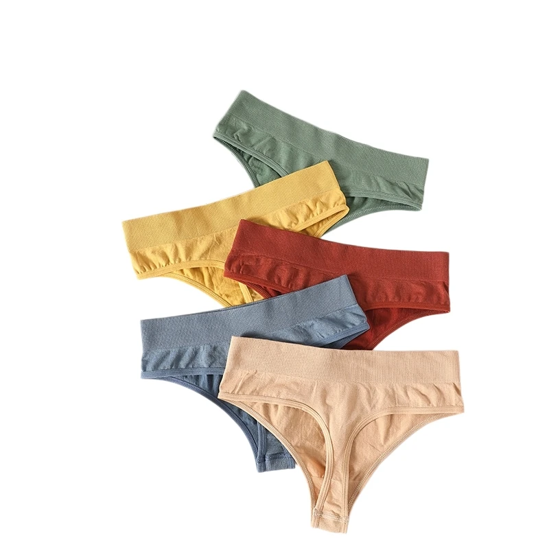 Seamless Elastic Waistband Thong High Fork Thread Cotton Women's Underwear Low Waisted T-Pants Solid Color Lady G-String