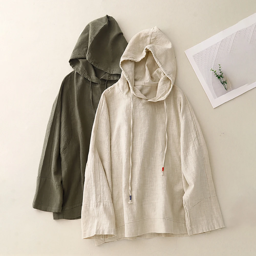 Early Autumn Thin Cotton Linen Hoodies for Women Casual Solid All-Match Loose Hooded Pullover Full Sleeve Drawstring Sweatshirts