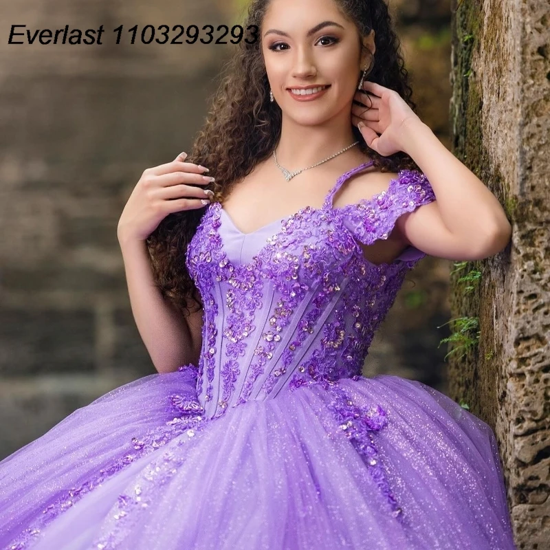 EVLAST Customized Mexican Shiny Purple Quinceanera Dress Ball Gown Lace Applique Beaded Corset Sweet 16 Vestido De 15 Anos E1Q55