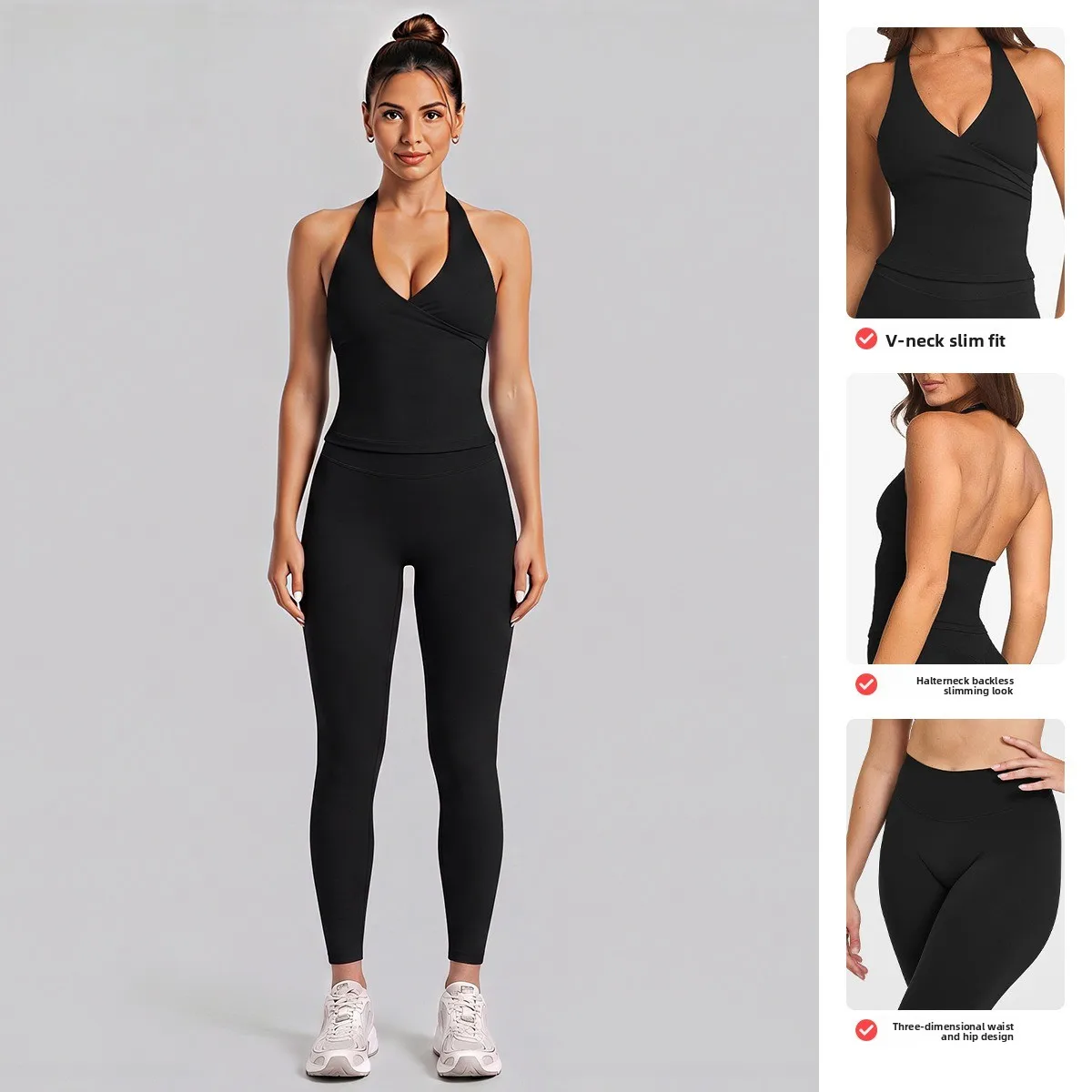 C-B Women 2 Piece Workout Yoga Set Halter V Neck Tank Top Naked Feel High Waist Butt Lifting Leggings Gym Fitness Outfit