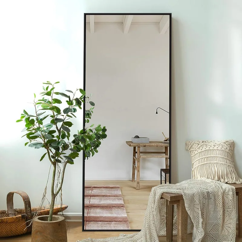 Full Length, Floor Mirror Large Wall Mounted, Bedroom, Dressing Mirror Aluminum Alloy Thin Frame, Black, 65