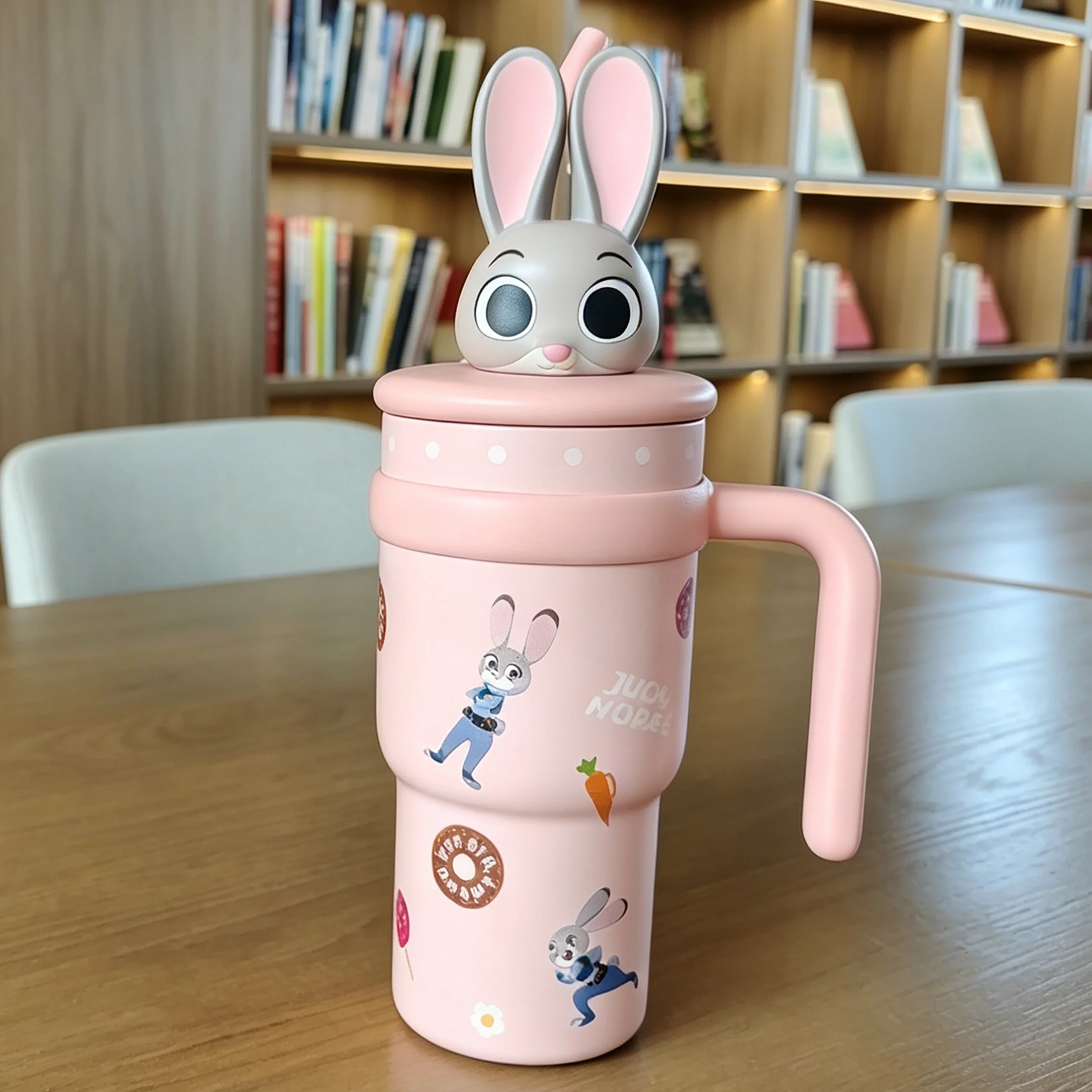 XW Disney Thermosbecher 316 Edelstahl Vakuumflasche Wasserflasche Kalt/Heiß mit Strohhalm Griff Auslaufsicher für Kaffee Tee