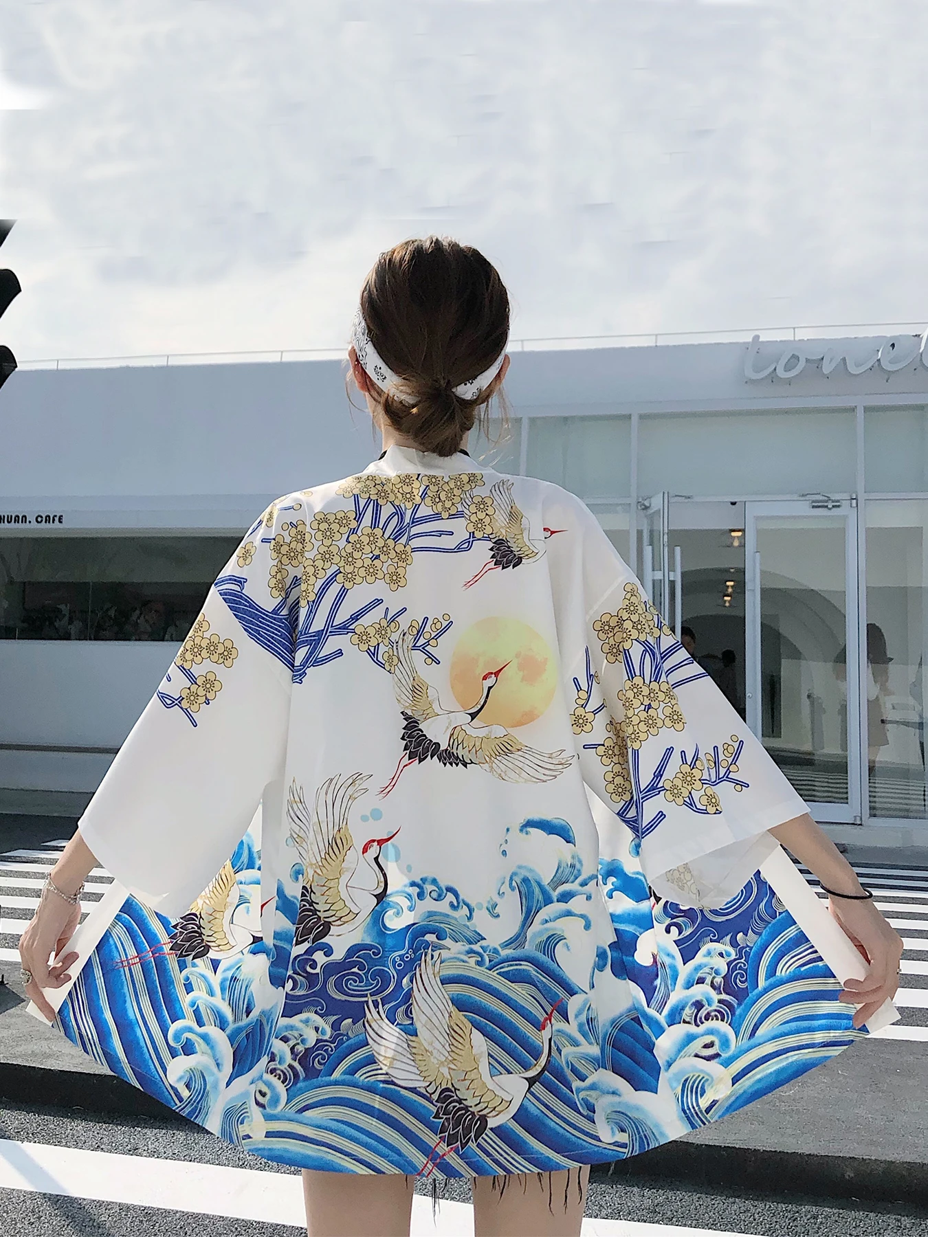 الصيف اليابانية الرجعية Ukiyo-e كرين طباعة كيمونو سترة مفتوحة يوكاتا فضفاضة ثلاثة أرباع كم المعطف الاتجاه #1