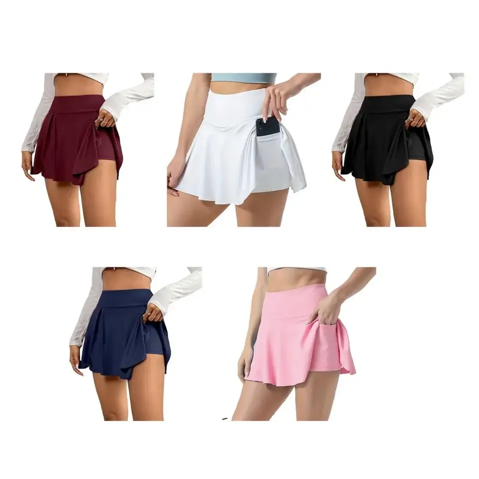 A-Shaped Short Skirt Women's Tight Fit High Waist Yoga Gym Running Fitness Training Sports Tennis Culottes Stretchy Pocket