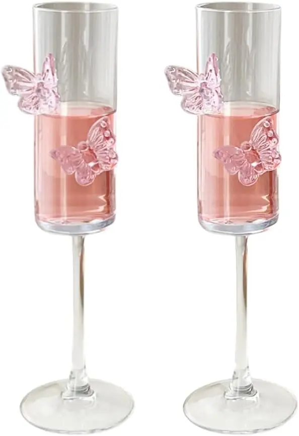 

2 Pack Pink Champagne Glasses with 3D Butterflies for Wedding, Bridal Shower, Bachelorette Party