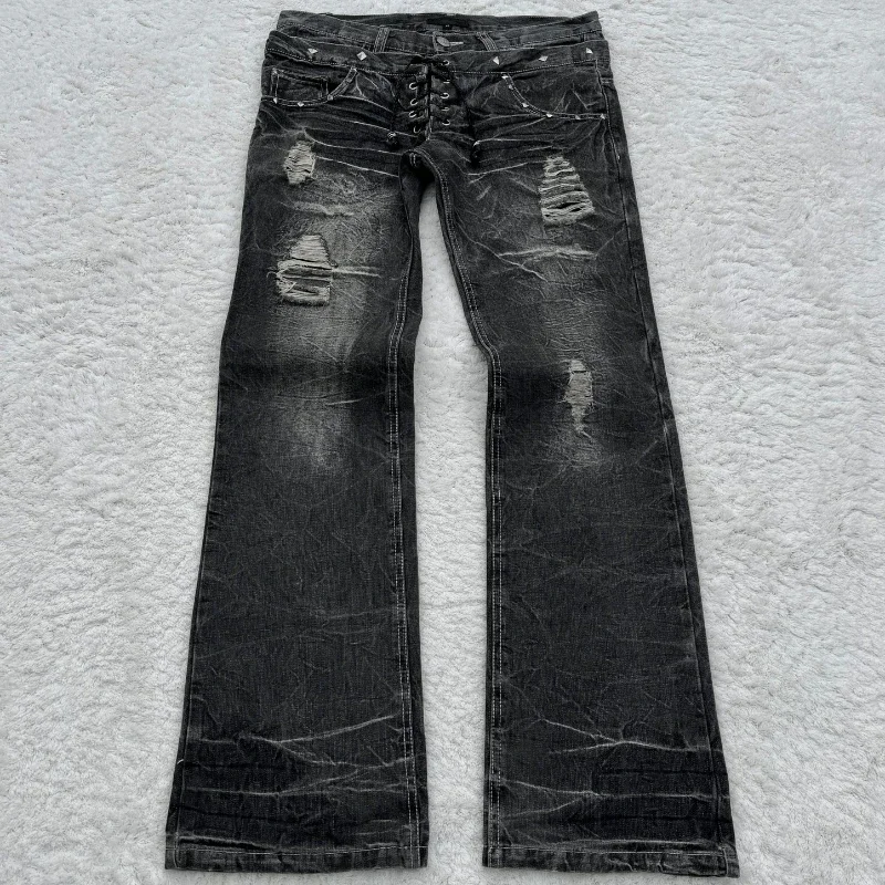 Y2k calças de brim de cintura alta bordado vintage de alta qualidade cintura dupla rendas até mulheres jeans goth design sentido calças streetwear