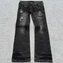 Y2K High Waisted Jeans vintage Embroidery high quality  Double Waisted Lace Up Women Jeans Goth Design Sense Trousers streetwear