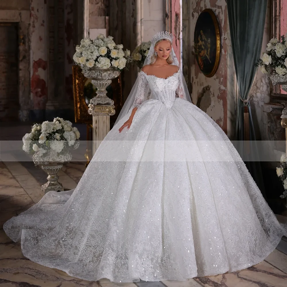 

Vintage Sparkling Bridal Ball Dress Lace Pearl Long Sleeve Wedding Dress Illusion Collar A-line Palace Wedding Robe Customized