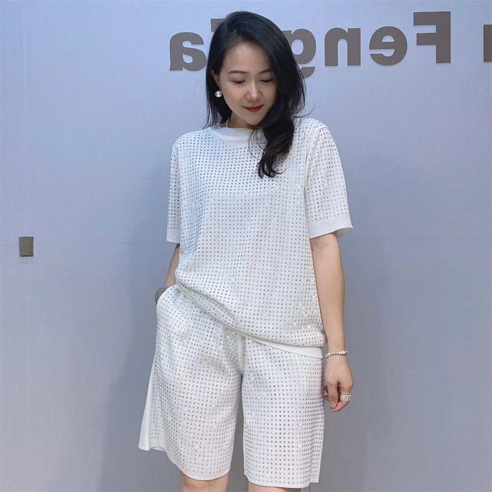 Summer Casual Two Piece Sets Women Fashion Shorts Suit With T-Shirt For Women O-Neck Loose Oversize Casual Hot Diamond Outfits