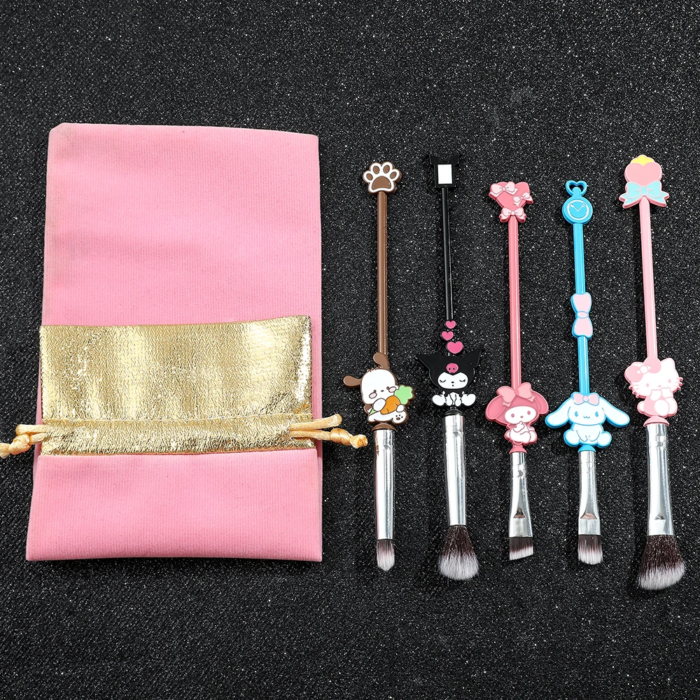 Sanrio Makeup Brush with Bag, Hello Kitty, Kuromi Melody, Cosmetics Blush, Eyebrow, Lip, Eyeshadow Brush, Beauty Tools, 5Pcs