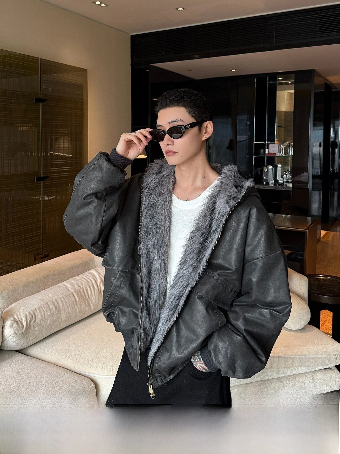 

CuiBuju American Retro Hooded Fce Lined Deconstructed PU Leather Loose Warm Cotton Jaet Men's Casual Sle Long Sve Coat