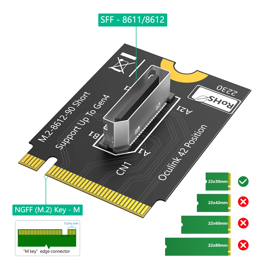 

22x30mm M.2 for NVME Key M to SFF-8612 Riser Card PCIE 4.0 X4 to OcuLink SFF-8612 Adapter Convert Card for U.2 SSD eGPU