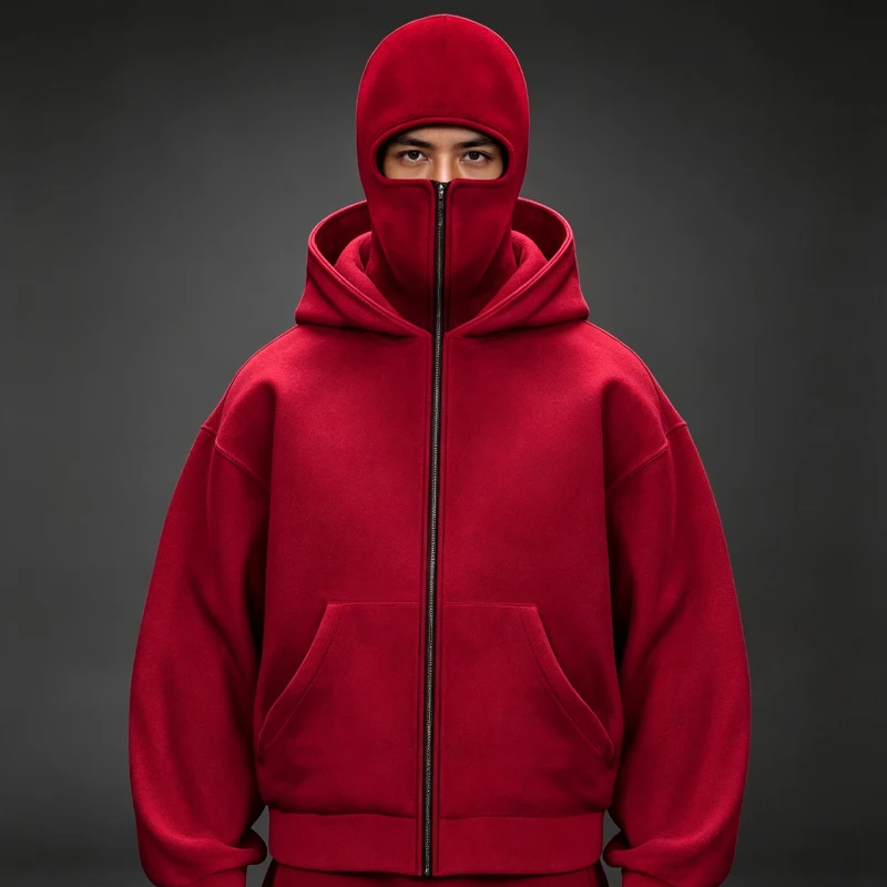 Men's Winter Autumn Fleece Balaclava Double Hooded Pullover With Zipper And Large Pocket Jacket For Outdoor Leisure & Sportswear