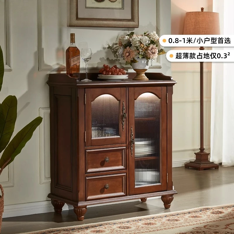 

American solid wood tea retro ultra-thin storage dining side living room wall storage small side cabinet